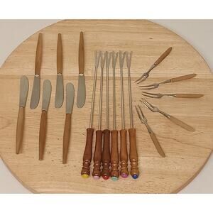 Vintage Fondue, Hor d'oeuvre Forks And Spreaders Wooden Handles Zapan